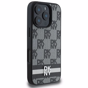 DKNY Dėklas telefonui iPhone 16 Pro su patikrintu raštu ir spausdintomis juostelėmis - juodas