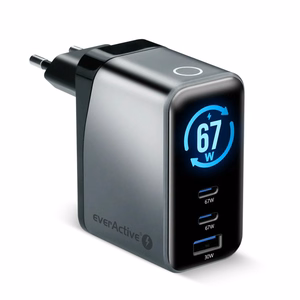 everActive GaN 67W – 67 W GaN tinklo įkroviklis su 1× USB-A ir 2× USB-C, Quick Charge 4+, juodas