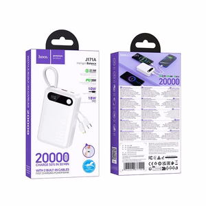 Išorinė baterija Hoco 20000 mAh QC PD 2A 22,5W su integruotais laidais USB C + Lightning J171A balta