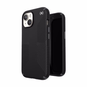 Speck Presidio2 Grip MagSafe dėklas, skirtas iPhone 17e / 16e / 15 / 14 / 13, juodas su skalūno pilkos spalvos detalėmis