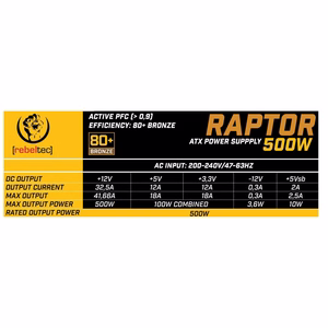 Rebeltec ATX maitinimo blokas RAPTOR 500W 80+ Bronze, Single Rail, DC-DC