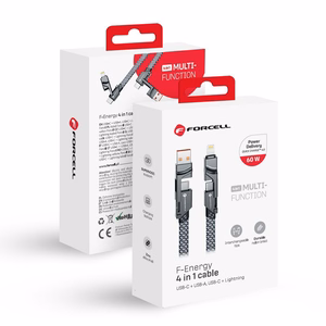 FORCELL F-ENERGY C241 4in1 kabelis Type C į USB A į Type C / Lightning QC PD 3A 60W 1 m chromuotas