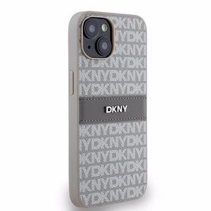 DKNY odinis mono juostelės ir metalinis logotipas dėklas iPhone 15/14/13 - smėlio spalvos