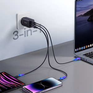 Įkroviklis Joyroom JR-TCG01 65W GaN 2xUSB-C/USB-A + USB-C to USB-C cable 1.2m juodas