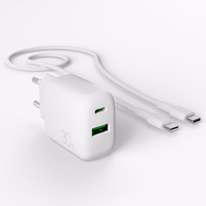 Puro PROLITE 30W USB-A / USB-C sieninis įkroviklis + USB-C - USB-C kabelis 1.2m - baltas