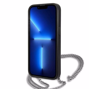 Karl Lagerfeld KLHCP13SPMK iPhone 13 mini 5,4 "juodas kietas dėklas Odinis tekstūruotas ir grandinė