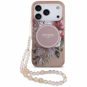 Dėklas Guess IML Flowers Strap MagSafe Apple iPhone 17 Pro rožinis