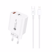 A6MaxL 20W USB-A USB-C sieninis įkroviklis su 1m USB-C - Lightning kabeliu – baltas