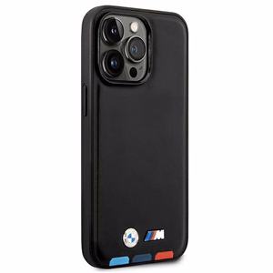 Dėklas BMW BMHMP14X22PTDK iPhone 14 Pro Max 6.7 - juodas odinis dėklas su trispalviu spaudu MagSafe
