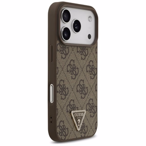 Guess Leather 4G Triangle Strass MagSafe dėklas iPhone 18 Pro / 17 Pro – rudas