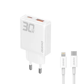 GaN Dudao A30EUL 30W USB-A / USB-C sieninis įkroviklis + USB-C - Lightning kabelis - baltas