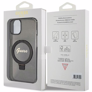 Guess dėklas telefonui su stovu Ring Stand Script Glitter magnetinis iPhone 15 Plus / 14 Plus - juodas