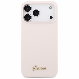rožinis Guess Silicone Script Metal Logo MagSafe dėklas Iphone 18 Pro Max / iPhone 17 Pro Max