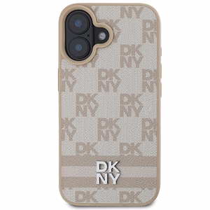 DKNY patikrinto rašto ir spausdintų dryžių dėklas telefonui iPhone 16 - rožinis
