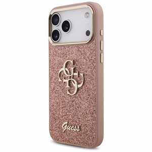 Guess Fiksuotas Blizgus Didelis 4G Metalinis rėmas dėklas telefonui iPhone 17 Pro Max - rožinis
