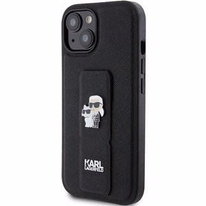 Karl Lagerfeld Gripstand Saffiano Karl&Choupette Pins dėklas telefonui iPhone 15 Plus / 14 Plus - juodas