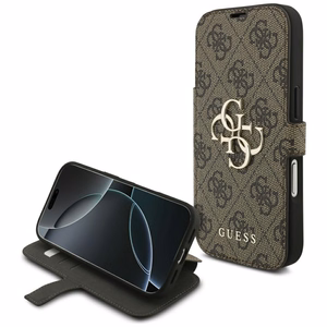 Guess Book 4G Metal Logo atverčiamas dėklas, skirtas iPhone 18 Pro / 17 Pro, rudas