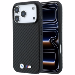 BMW dėklas, skirtas iPhone 18 Pro Max / 17 Pro Max: (Carbon Metal Logo), suderinamas su MagSafe, spalva – juoda