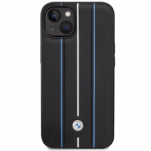 Dėklas BMW BMHCP14S22RVSK iPhone 14 6.1" juoda/juoda kietas dėklas Odinis Antspaudas Mėlynos Linijos
