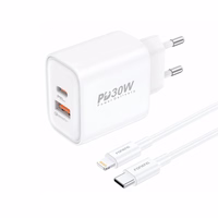 FONENG tinklo įkroviklis EU52 PD 30W 1xUSB-C + 1xUSB QC3.0 + laidas USB-C - Lightning baltas