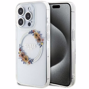 Guess IML Gėlių vainikas Magnetinis dėklas iPhone 15 Pro - permatomas