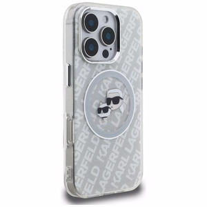 Karl Lagerfeld IML Glitter Karl & Choupette Heads Logo MagSafe dėklas iPhone 16 Pro Max - pilkas