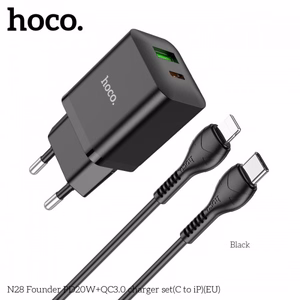 Įkroviklis Hoco N28 juodas (PD20W / QC3.0) + Type-C / Lightning 100cm laidas