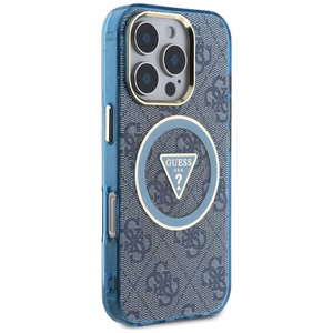 Guess IML Metal Glitter 4G Circle Triangle Magnetinis dėklas telefonui iPhone 16 Pro Max - mėlynas