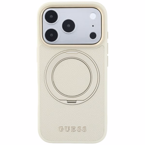 Guess Grained Classic Logo dėklas, skirtas iPhone 18 Pro / 17 Pro, su 360° žiedu-stovu, suderinamas su MagSafe – smėlio spalvos