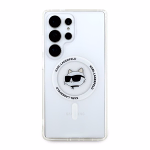 Karl Lagerfeld mygtukinis Choupette Head atspausdintas logotipas Magnētinis Samsung Galaxy S25 Ultra dėklas baltas