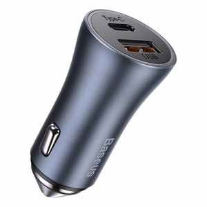 Baseus Golden Contactor Pro greitas automobilinis įkroviklis USB Type C / USB 40 W Power Delivery 3.0 Quick Charge 4+ SCP FCP AFC + USB Type C kabelis - Lightning pilkas (TZCCJD-B0G)