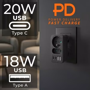 Maclean MCE249 F/B – mains socket splitter, 2 sockets, 4 USB ports: 2×USB-A and 2×USB-C PD 20 W, 1×16 A + 1×6 A