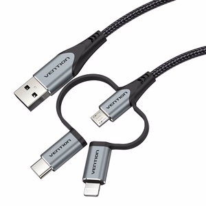 Vention USB 2.0 A Male to 3-in-1 Micro-B & USB-C & Lightning Male laidas 1 m, pilkos spalvos aliuminio lydinio tipo