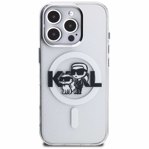 Karl Lagerfeld IML Glitter Karl & Choupette Sketch Logo MagSafe dėklas iPhone 16 Pro Max - skaidrus