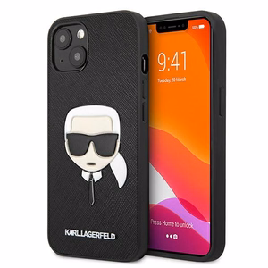 Karl Lagerfeld KLHCP13SSAKHBK kietas dėklas iPhone 13 mini 5,4" Saffiano Ikonik Karl's Head – juodas