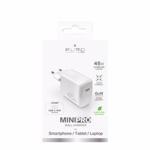 Puro Super Mini 45W PD GaN USB-C sieninis įkroviklis - baltas