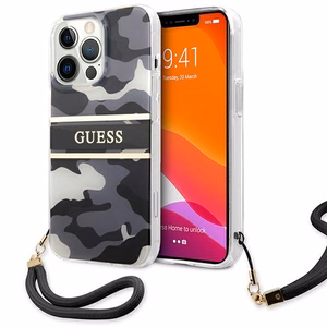 Guess GUHCP13XKCABBK iPhone 13 Pro Max 6.7" juodas/juodas kietas dėklas Camo Dirželis Kolekcija