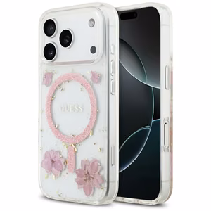 Guess dervos gėlės blizgus magnetinis dėklas telefonui iPhone 17 Pro rožinis