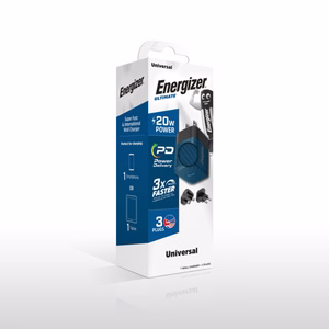 Energizer Ultimate A20MUBL GaN kelioninis tinklo įkroviklis su EU / UK / US kištukais, USB-C, 20 W PD, mėlynas