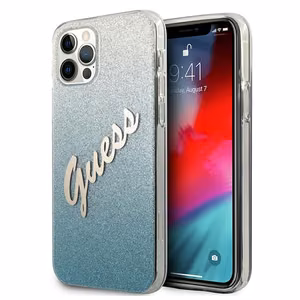 Guess GUHCP12LPCUGLSBL iPhone 12 Pro Max 6.7" mėlynas kietasis dėklas Glitter Gradient Script
