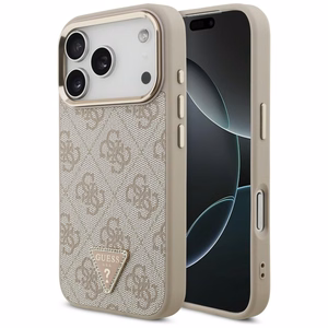 Guess PU Leather 4G Strass Triangle Logo Gold Frame MagSafe dėklas Apple iPhone 18 Pro, rožinis