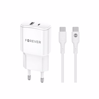 Forever TC-01-20AC PD QC įkroviklis 1x USB-C 1x USB 20W baltos spalvos + USB-C - USB-C kabelis 20W