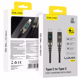 Blavec Laidas Lumix pintas - Typ C na Typ C - PD 100W 5A LED display 1,2 metra Apple CarPlay/Android Auto (CLU-CC5BG12) juodas-pilkas