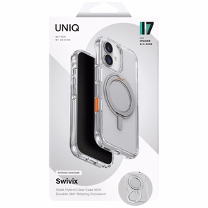 Uniq Swivix dėklas iPhone 17 su 360° pasukamu stovu – skaidrus