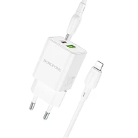 Borofone Sieninis įkroviklis BN14 Royal GaN - USB + Type C - QC 3.0 PD 30W su Type C į Lightning kabeliu baltas
