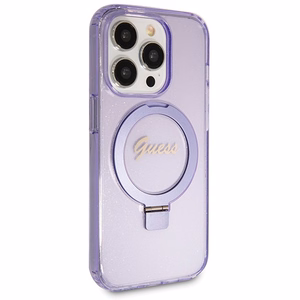 Guess Magnetinis dėklas telefonui su žiediniu stovu Script Glitter MagSafe iPhone 13 Pro Max - violetinė