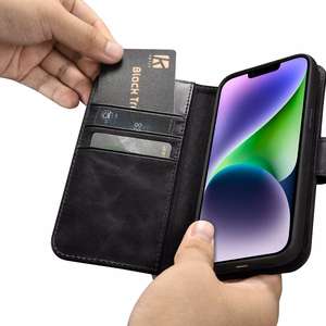 iCarer Aliejaus Vaško Piniginės Dėklas 2in1 Dangtelis iPhone 14 Plus Anti-RFID Odinis Atverčiamas Dėklas Juodas (WMI14220723-BK)