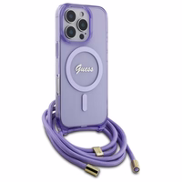Guess Crossbody Cord Script Magnetinis dėklas iPhone 16 Pro Max - violetinis