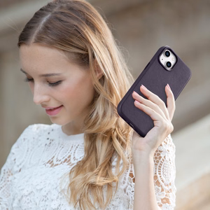 Чехол iCarer Leather из натуральной кожи для iPhone 14 Plus тёмно-фиолетовый (совместим с MagSafe)