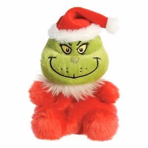 Grinch Palm Pals ekologiškas sėdintis pliušinis žaislas su Kalėdų Senelio kostiumu, 13 cm